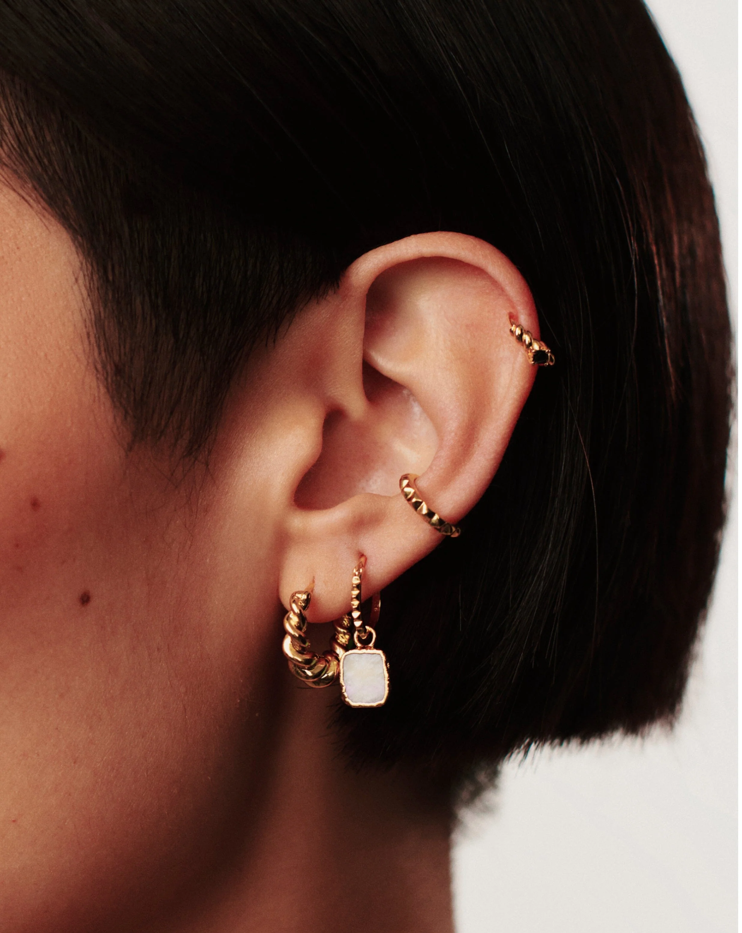 Mini Pyramid Charm Hoop Earrings | 18ct Gold Vermeil/Rainbow Moonstone - Image 3