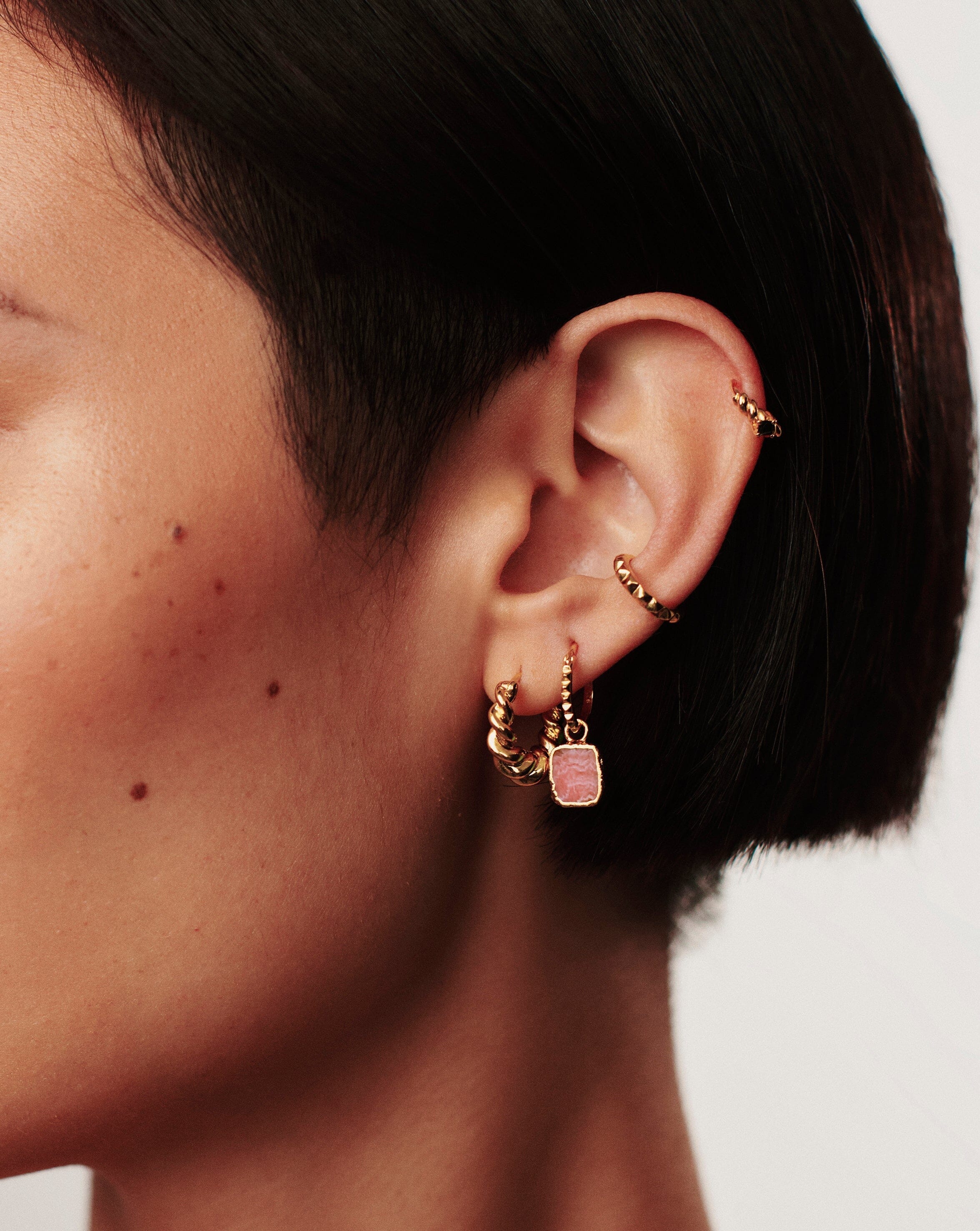 Mini Pyramid Charm Hoop Earrings | 18ct Gold Vermeil/Rhodochrosite - Image 3