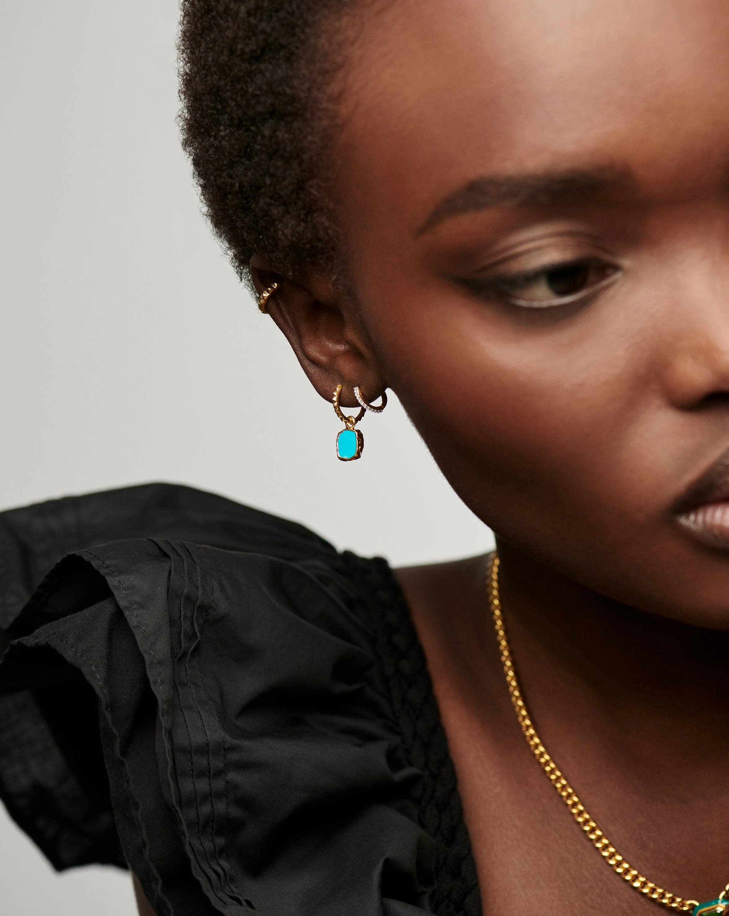 Mini Pyramid Charm Hoop Earrings | 18ct Gold Vermeil/Turquoise - Image 3